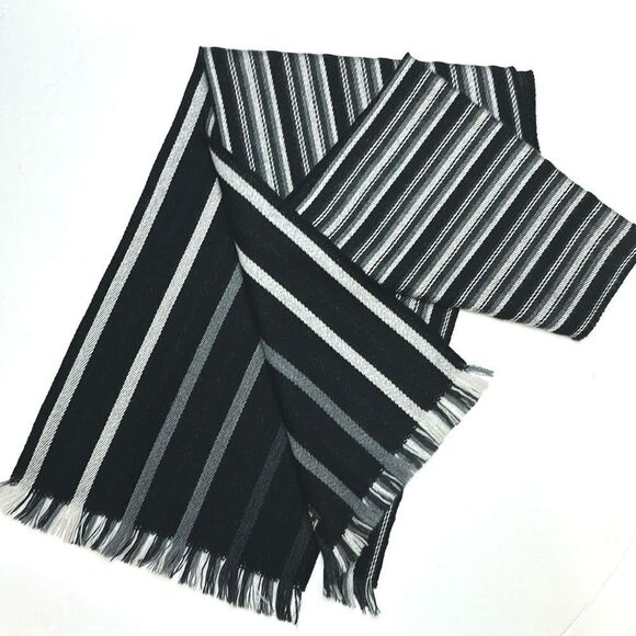 Amicale Men’s Wool Scarf Black Gray Striped 10,5x68 inches - Picture 2 of 7